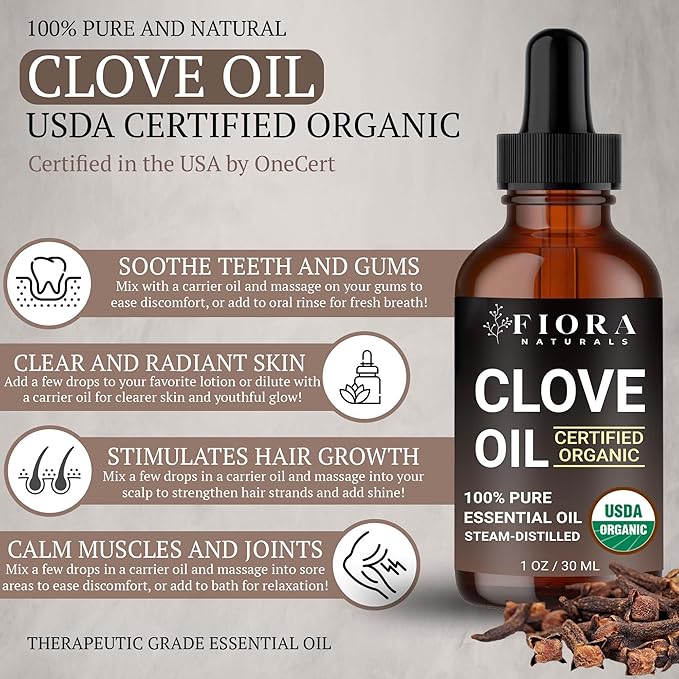 Organic Clove Essential Oil – 100% Pure, USDA Certified Clove Bud Oil for Teeth & Gums, Toothache Relief, Hair Growth & Aromatherapy – Premium Cloves Oil for DIY Wellness by Fiora Naturals - Bloomnest