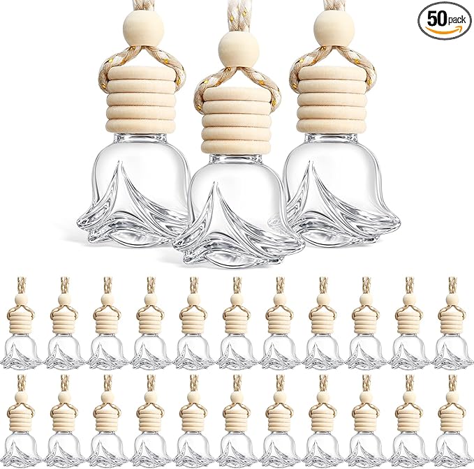BBTO 50 Pcs Hanging Car Air Freshener Car Diffuser Bottles Empty Glass Perfume Bottle Freshener Diffuser Bottle Pendant for Essential Oil Fragrance Aromatherapy Bottle Ornament(Rose) - Bloomnest