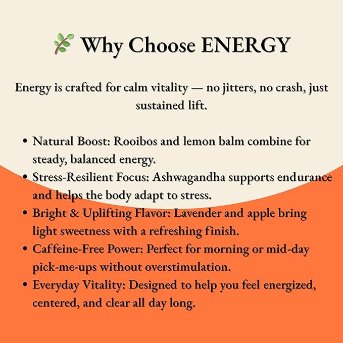 Lavender Apple Energy Mood Herbal Tea Infused with Ashwagandha – Rooibos, Lemon Balm, Lavender, Apple & Ashwagandha Blend | Smooth Uplifting Energy | Caffeine-Free 2.6oz Pouch - Bloomnest