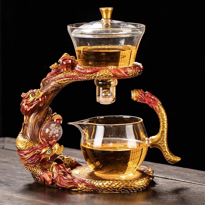 Glass Teapot Set with Infuser Semi Automatic Dragon Tea Set (Red golden teapot) - Bloomnest