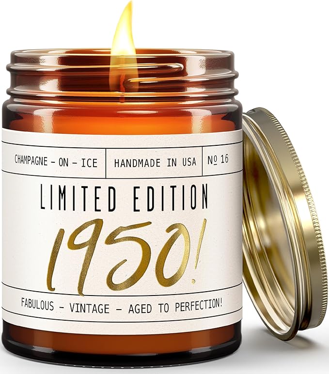 75th Birthday Gifts for Girls - 'Limited Edition 1950' Soy Candle, w/Champagne on Ice I 75 Birthday Gifts for Women I 75th Gift for Her Ideas I 9oz Reusable Jar, 50Hr Burn, Made in USA - Bloomnest