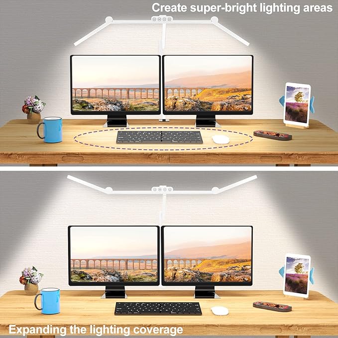 Micomlan Led Desk Lamp for Home Office, White Architect Desk Lamp with Clamp for Crafting, 24W Bright Rotatable Led Table Light Stepless Dimming Tempering Wide Computer Light with Atmosphere Lighting - Bloomnest