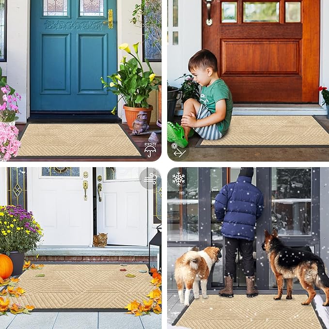 Smiry Front Door Mat Outside Entrance, Heavy Duty Sturdy Natural Rubber Doormat, Trap Dirt and Moisture, Easy Clean Low Profile Mats for Indoor Outdoor Entry, Irregular Triangle (59x35, Beige) - Bloomnest