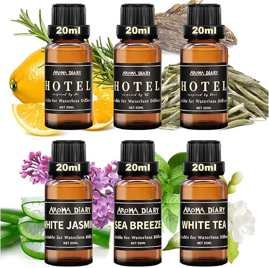 Essential Oil Set for Diffuser, 6x20ml Fragrance Oil Refill for Waterless Diffuser Candle Making for Home Car Office, Hotel Scents, White Tea, White Jasmine, Sea Breeze, Aromatherapy Gift - Bloomnest