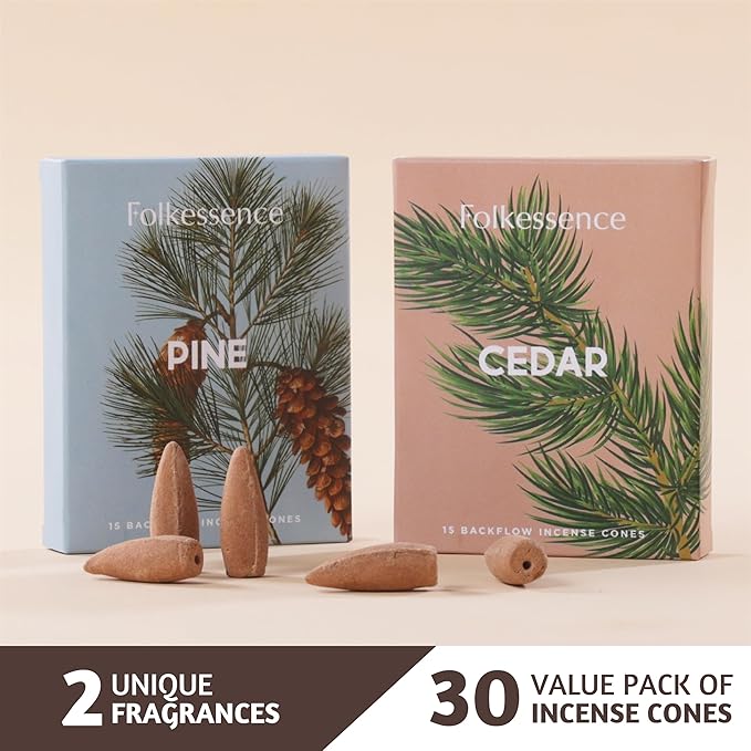 Folkulture Backflow Incense Cones for Waterfall | 30 Pc Waterfall Incense Cones Scented | 2 Fragrance Insenses | Mixed Natural Fragrances | Pine and Cedar Inscents FOLKULTURE