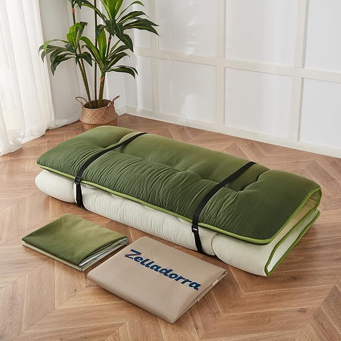 Japanese Floor Mattress, Futon Mattress with Portable Storage Bag and Washable Cover, Roll Up Thick Tatami Mat Suitable for Camping, Guest Room (Forest Gradient, Twin) - Bloomnest
