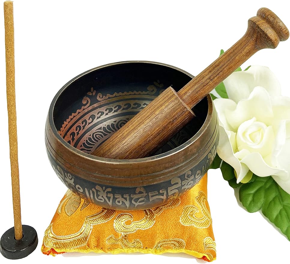 3017 SB 'G' Note Solar Plexus Chakra Antique Tibetan Auspicious Symbol Bowl Set ~ Nepal - Bloomnest