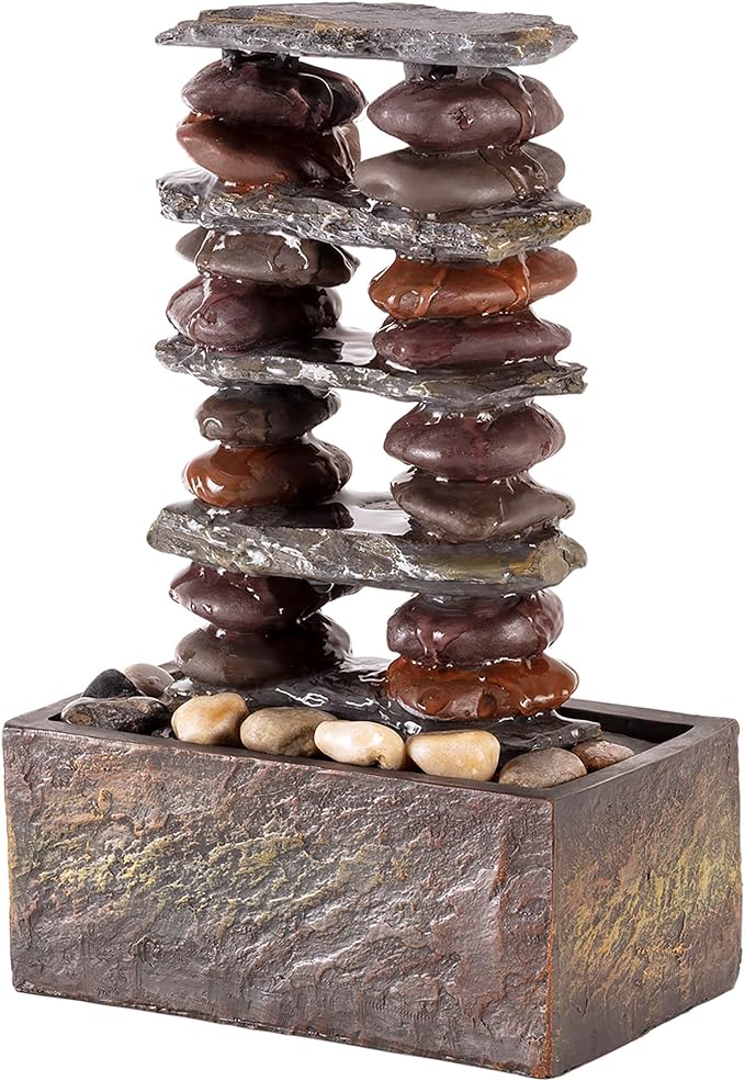Alpine Corporation TT8002 Indoor/Outdoor Tabletop Stacked Rocks Eternity Fountain, Modern Rocks Tabletop Fountain 12", Brown - Bloomnest