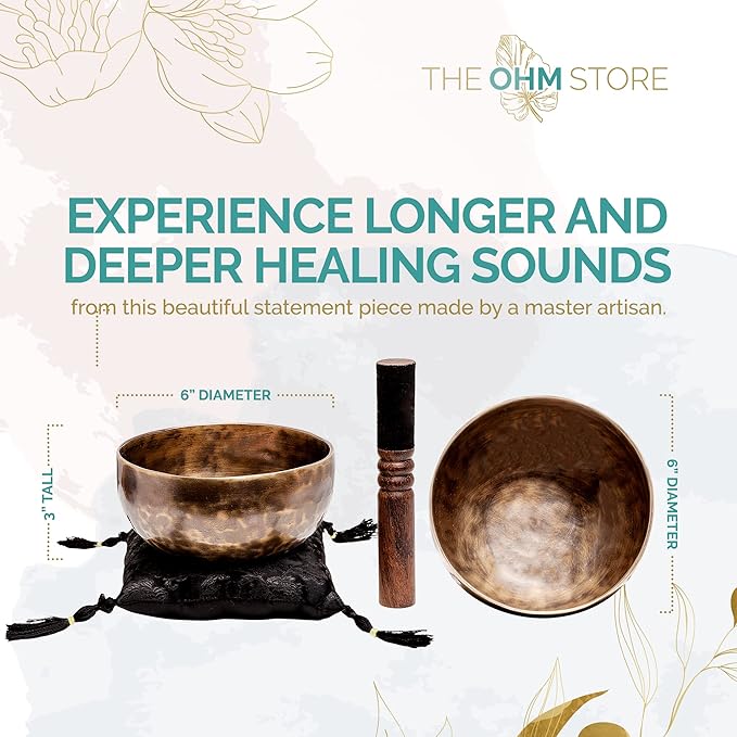 Large Tibetan Singing Bowl Set by Ohm Store — Deep Tone, Pure Bronze Meditation Sound Bath Instrument Handcrafted in Nepal — Tiger Sound Bowl 6 Inch - Bloomnest