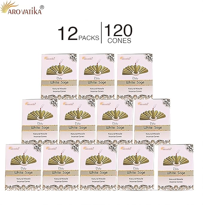 ARO VATIKA Vedic White Sage Natural Masala 120 Incense Cones in Pack of 12 Boxes |12 Assorted Fragrances Dhoop Cones | Best for Prayer, Reiki, Meditation and Relaxation | Burn time- 25 Mins AROVATIKA