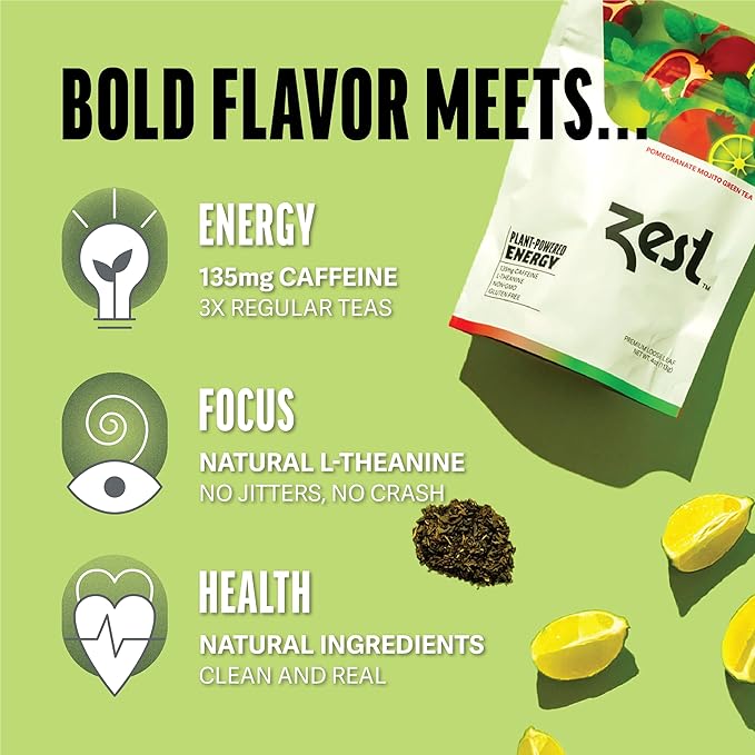 Zest Energy Green Tea - Pomegranate Mojito Loose Leaf Blend - High Caffeine Peppermint - Caffeinated Coffee Substitute - Natural, Non-GMO & Keto Friendly - Hot or Iced - 50 Servings - 135mg Caf - Bloomnest