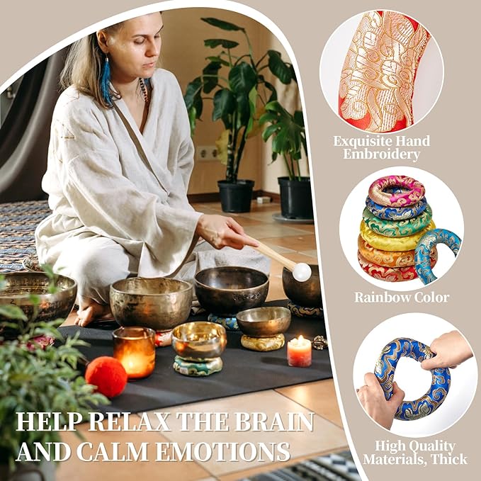 10 Pcs Singing Bowl Cushion Set 7 Silk Cloth O Ring with 3 Crystal Singing Bowl Mallet Include Solid and Hollow Stick Wood Handle Rubber Mallet for 6-12" Tibetan Sound Meditation(Rainbow) - Bloomnest