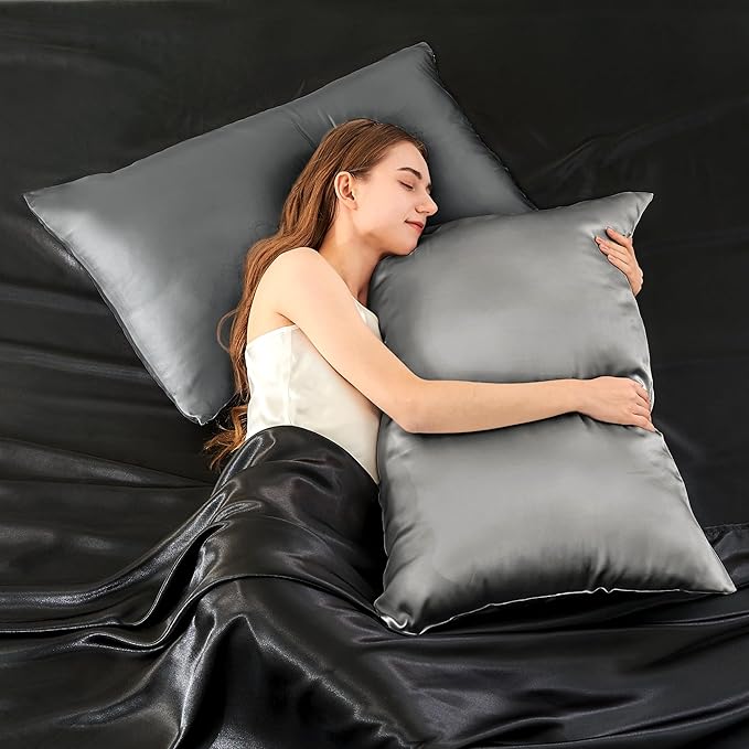 INFIIXSO Silk Pillow Cases 2 Pack Standard Size, Ultra Smooth & Soft Mulberry Silk Pillow Case for Hair and Skin, Breathable Cooling Silk Pillowcase with Hidden Zipper (Dark Grey, 20x26 Inches) - Bloomnest