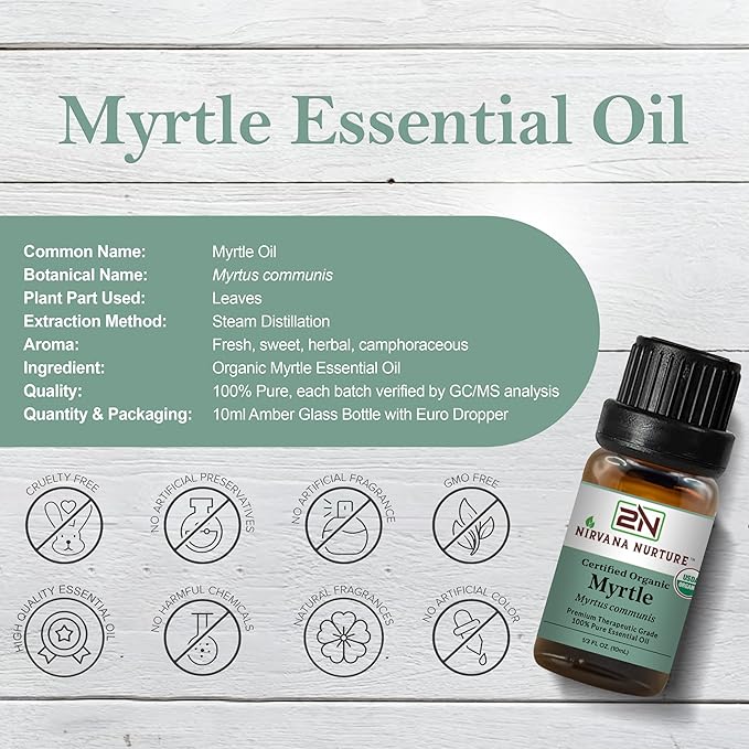 Myrtle Essential Oil, USDA Certified Organic, 100% Pure Undiluted, Aromatherapy Oil for Diffuser, Hair & Skin Care NirvanaNurture
