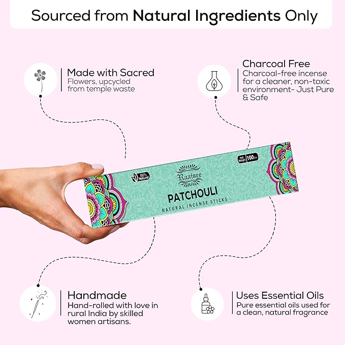 Raajsee Patchouli Incense Sticks (180 gm), 100% Pure Organic Natural Hand Rolled Free from Chemicals - Patchouli Incense Perfect for Aromatherapy, Cleansing, Meditation, and Church(Pack of 12) - Bloomnest