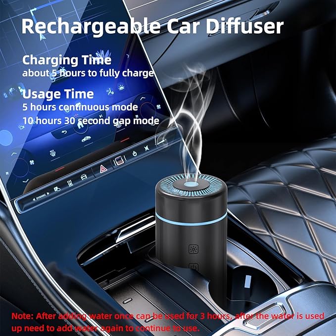 100ML Car Diffuser, USB Rechargeable Battery Operated, Powered Cordless Essential Oil Humidifier, 7 LED Color Lights 2 Timer Modes for Car Outdoor Home (Black) - Bloomnest