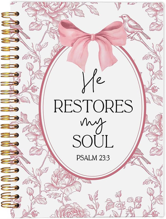 Christian Notebook for Women, Christian Art Gifts Journal, Prayer Journal for Women, Bible Journaling Notebook, PSALM 23:3 He Restores My Soul Floral Spiral Notebook 5.5x8.3 - Bloomnest