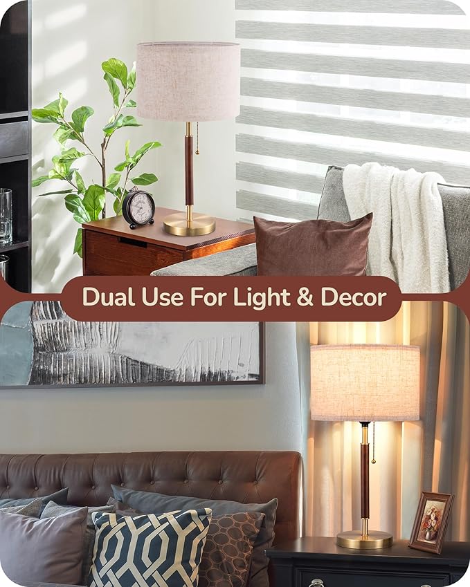 EDISHINE Mid Century Table Lamp, Bedside Lamp with Pull Chain Switch, Solid Wood & Metal Pole, Modern Nightstand Table Lamp for Living Room, Bedroom, Office, Frosted Bronze & Wood Finish - Bloomnest