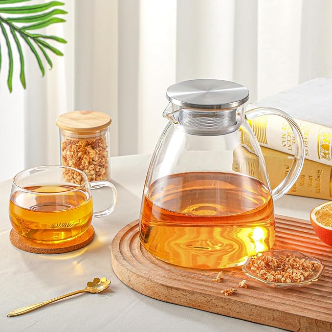 68OZ/2000ML One Touch Glass Teapot with Stainless Steel Filter Lid, Stovetop & Microwave Safe Tea Maker Water Kettle, Strainer & Cover 2 in 1 Loose Leaf Tea Steeper Pot Coffee Carafe - Bloomnest