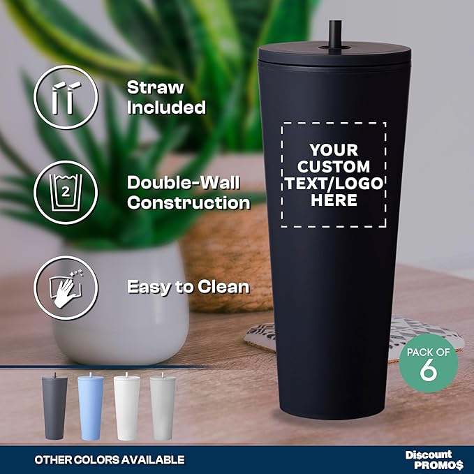 DISCOUNT PROMOS Custom Kenai Plastic Tumblers with Straw 24 oz., Set of 6, Personalized Bulk Pack - Ideal for Busy Professionals, With lids, Ice Coffee Tumbler, To Go Cup, Insulated - Black - Bloomnest