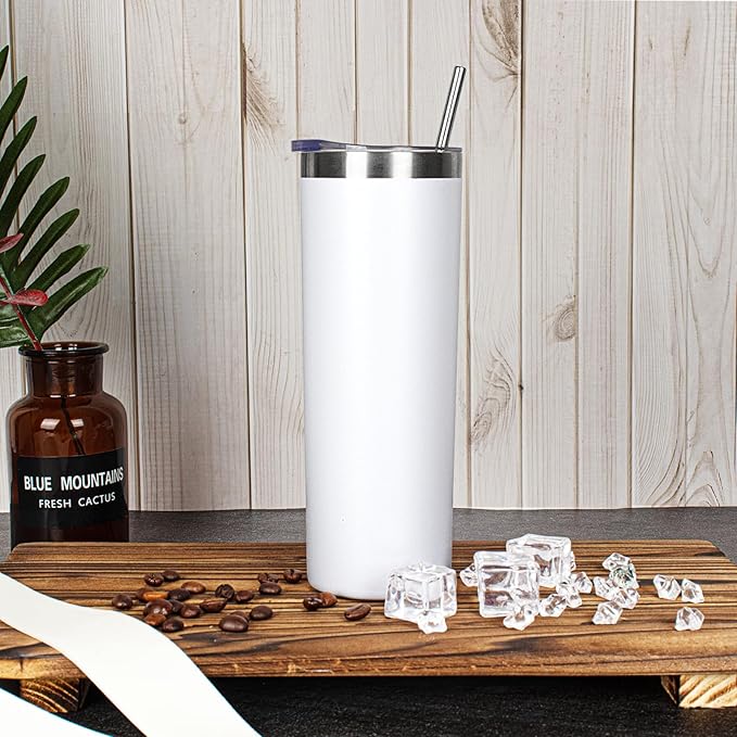 20 oz Skinny Tumblers with Lid and Straw,Stainless Steel Vacuum Insulated Tumbler Cup Double Wall Travel Coffee Mug, Thermal Water Tumbler for Hot and Cold Drinks(White,8) - Bloomnest