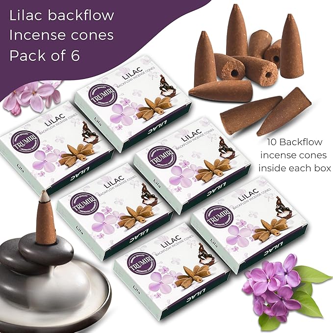 Lilac Backflow Incense Cones - Total 60 Incense Cones Waterfall - Six Packs of 10 Incense Backflow Cones - Waterfall Inscent Cones - Incense Waterfall Cones