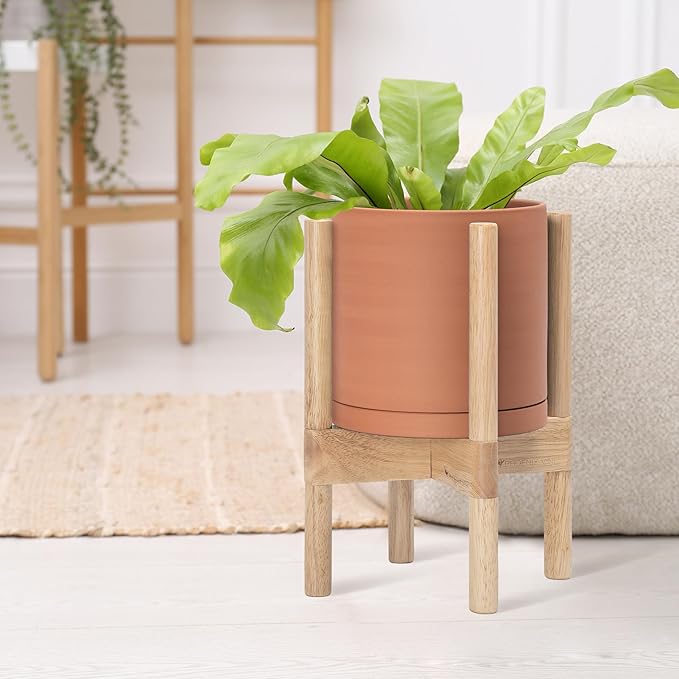 D'vine Dev Terracotta Planter with Natural Stand - 8 Inch Modern Round Flower Pot with Wood Planter Holder, Terracotta, 55-B-N-5 - Bloomnest