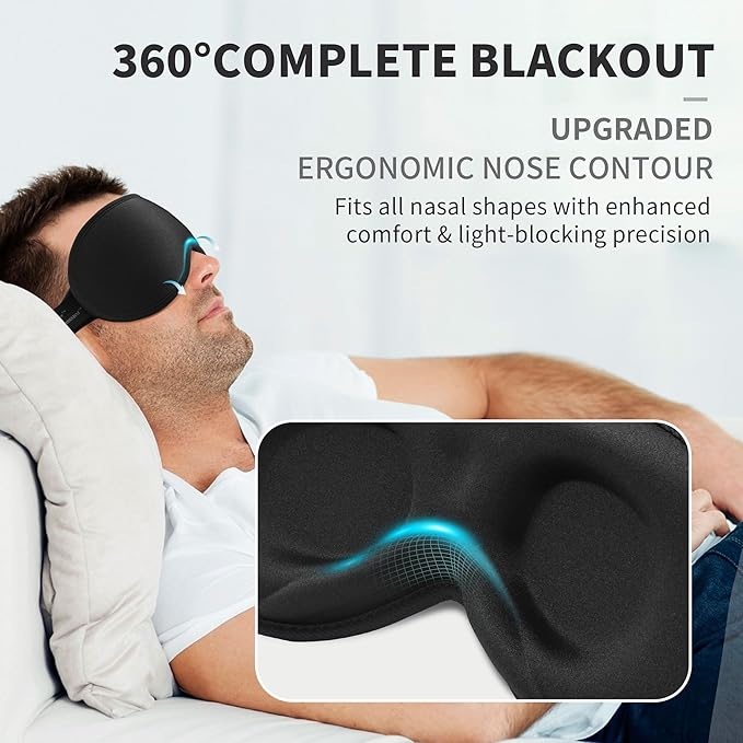 3D Sleep Mask for Men Women 2 Pack, Blackout Eye Mask for Sleeping Eye Mask for Side Sleeper, Memory Foam Adjustable&Washable, Airplane Travel Essentials Couples Yoga Meditation Office Black-Ice Silk - Bloomnest