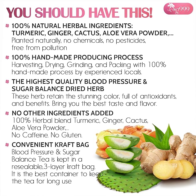 TOG999, Premium Blood and Sugar Balance Tea | 100gr - 3.5oz | 100% Natural Turmeric, Ginger, Cactus Nopal, Aloe Vera, Bay Leaf, Cinnamon & Hibiscus - Loose Powder Herbal Blend – Caffeine-Free Tea