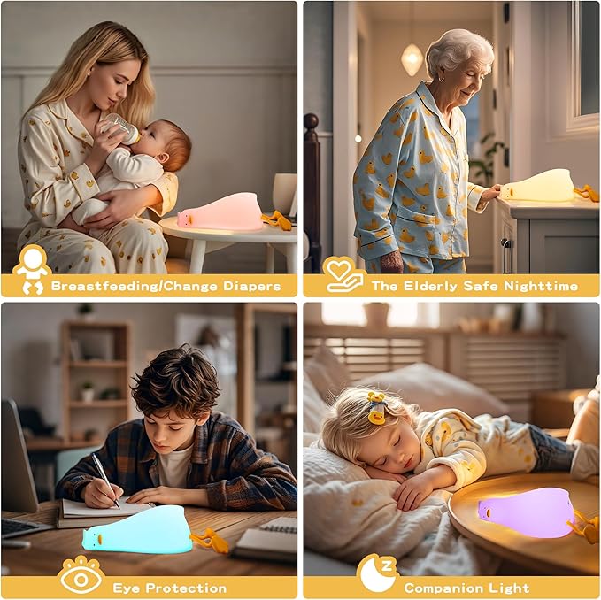 Cute Duck Night Light with Color Changing, APP/Tap Control Fun Lying Flat Ducky Lamp with Blind Box Gift,Soft Silicone Nursery Nightlight,Dimmable/Timing Bedside Touch Lamp,Baby Adults Kids Room Decor - Bloomnest