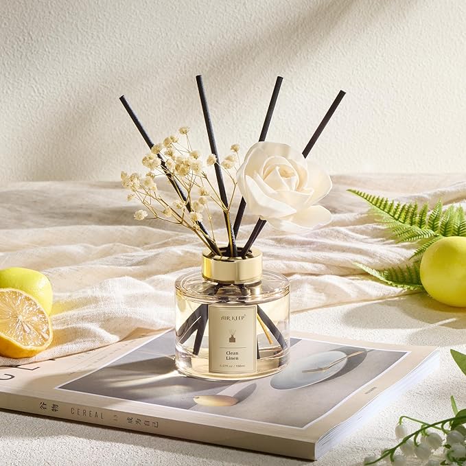 Airkeep Flower Reed Diffusers Set, 5.07 oz Clean Linen Scented Oil Diffuser with 8 Reed Sticks, Home Fragrance Diffuser Gift Set for Bathroom & Office Decor 150ml - Bloomnest