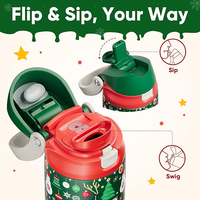 Christmas Insulated Water Bottle with Straw - Leak Proof Stainless Steel Water Bottle for School, Travel, Keeps Cold All Day, One-Touch Flip Lid, Holiday Gifts For Women Men, 24 oz, Frosty Forest ENCOOL
