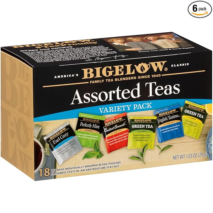 Bigelow Tea Assorted Black Tea and Green Teas Variety Pack, Caffeinated Tea with Black and Green Tea Varieties, 18 Count Box (Pack of 6), 108 Total Tea Bags (Packaging and Flavor Assortment May Vary) - Bloomnest