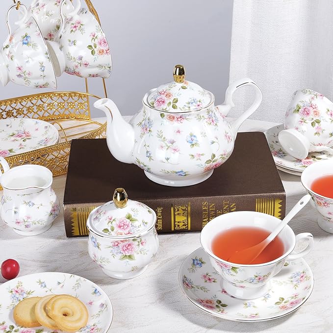 fanquare 21 Pieces Pink Blue Floral Porcelain Tea Set with Gold Trim, British Style Coffee Set for Adults, Vintage Romantic Gift Tea Sets for Wedding, Birthday, Women Tea Party - Bloomnest