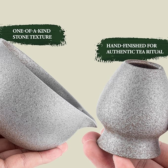 Stone-Texture Gray Matcha Whisk Set with Pouring Spout – Japanese Matcha Kit with Handcrafted Ceramic Bowl, Bamboo Whisk, Scoop, and Holder for Authentic Tea Ceremony - Bloomnest
