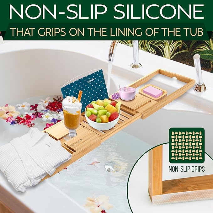 SereneLife Premium Bathtub Tray Caddy with Gift Box and Bow Set, Expandable Bath Tray, Unique House Warming Gifts for Mom, Women, Wedding, Anniversary, Bridal Shower, Fit for All Tub - Classic - Bloomnest