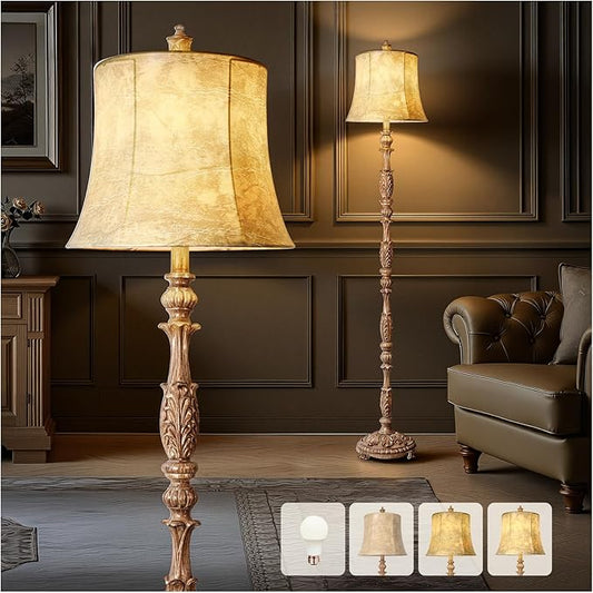 Scenekoy Vintage 66” Tall Floor Lamp for Living Room Bedroom, Resin Carved Standing Lamp with Faux Leather Shade, Adjustable Bulb, Rotary Switch Rustic Lamp for Home Decor (Light Brown)