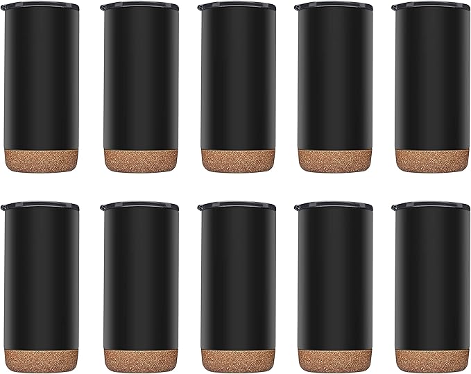 DISCOUNT PROMOS Travel Tumblers with Cork Bottom 16 oz. Set of 10, Bulk Pack - Double Wall Insulated, Matte Finish, Perfect for Iced Coffee, Soda, Other Beverages - Black - Bloomnest