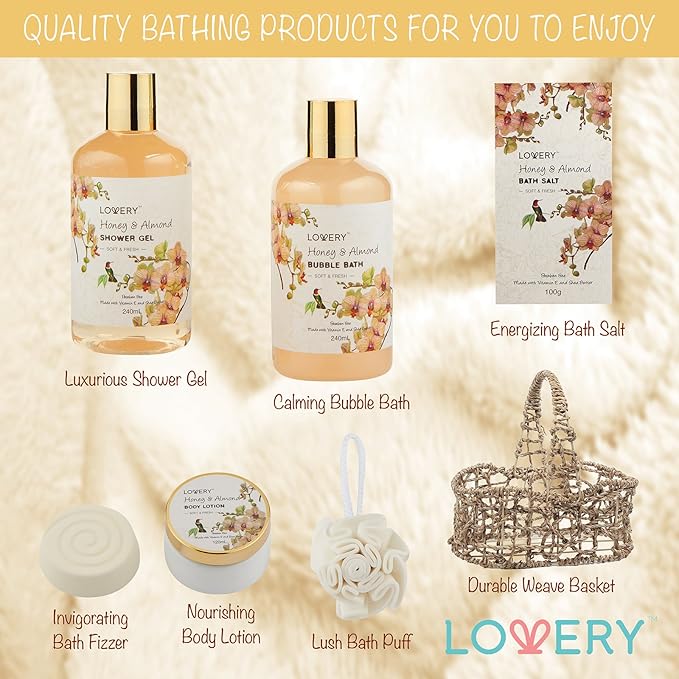 Womens Gifts, Gift Baskets for Women Who Have Everything, Home Spa Honey & Almond Scent, Luxury Bath & Body Set - Shower Gel, Bubble Bath, Body Lotion, Salts, Bath Bomb, Bath Puff & Handmade Basket - Bloomnest