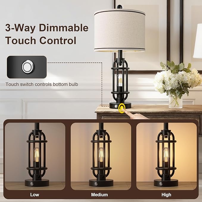 24'' Table Lamps for Living Room Bedroom Industrial Touch Lamp with USB A+C Ports, Night Light Farmhouse Vintage Nightstand Bedside Lamps for Night Stands Metal Black, Bulbs Included - Bloomnest