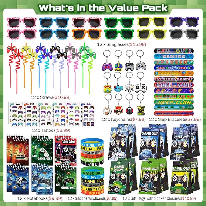 Video Game Party Favors for Kids: Pixel Theme Goodie Bags Stuffers Birthday Party Supplies, Bracelets, Keychain, Sunglasses, Notepads, Stickers, Gift Bags Serves 12 Boy Girl Birthday Party Decorations - Bloomnest