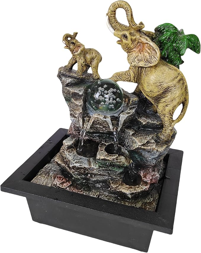 Decorative Elephant Cascade Tabletop Fountain with LED Globe, 3-Tier Design, A Quiet and Soothing Indoor Desktop Fountain - Bloomnest