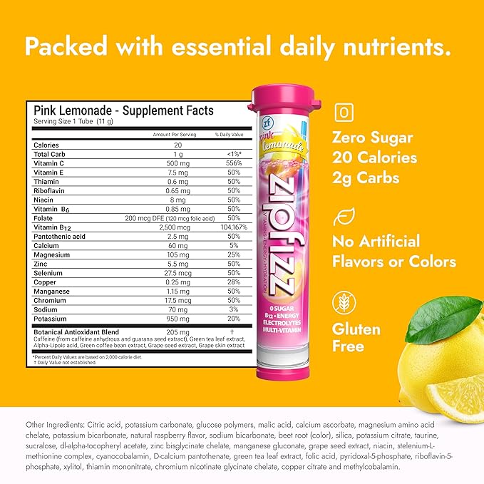 Zipfizz Daily Energy Drink Powder, Pink Lemonade, 20 Pack | 3-in-1 Sustained Energy, Rapid Hydration, and Essential Vitamins | Sugar-Free | Electrolyte Powder | Contains Vitamin B-12 & Antioxidants - Bloomnest