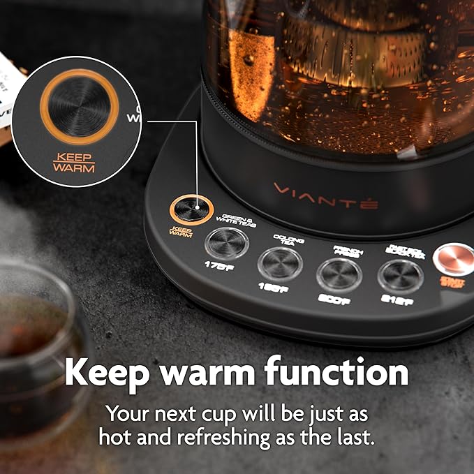 Vianté Electric Kettle With Infuser For Loose Leaf. Hot Tea Maker With Temperature Control And Automatic Shut Off. Tea Kettle With Brewing Programs. 1.5 Liters Capacity | Black Color - Bloomnest