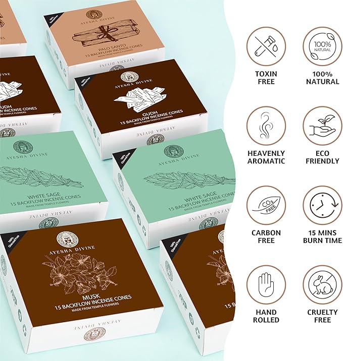 Backflow Incense Cones 60 Count Value Pack, Oudh White Sage Palo Santo Musk, Charcoal Free, Toxin Free, Long Lasting Aromatic Smoke, Meditation Yoga Relaxation Home Spa AyeshaDivinePremiumIncense