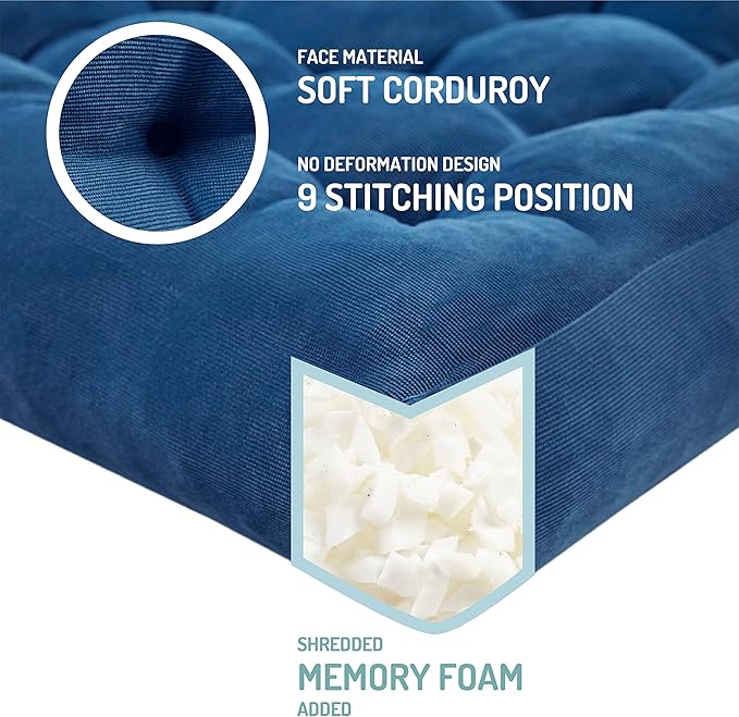 Degrees of Comfort Meditation Floor Pillow Set of 2, Square Large Pillows Seating for Adults, Tufted Corduroy Cushions for Living Room Tatami, Memory Foam Added, Navy Blue, 22x22 Inch - Bloomnest