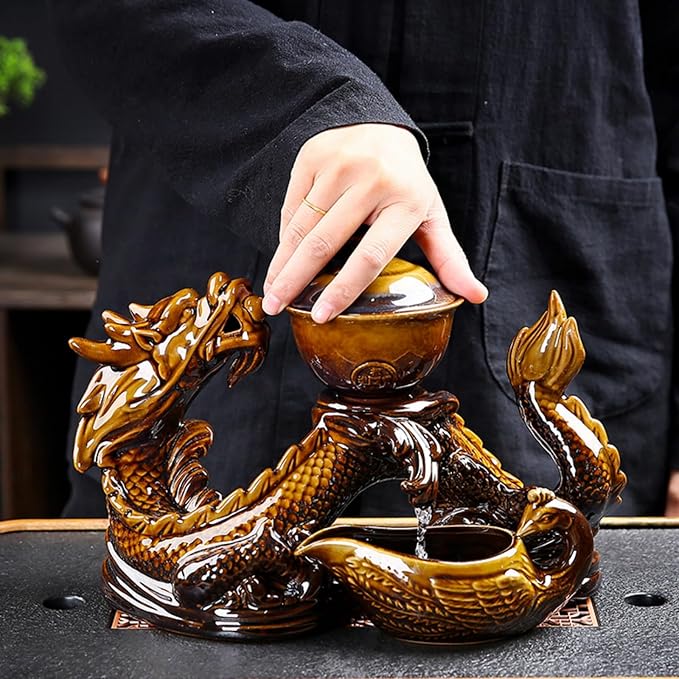 Chinese Gongfu Tea Set - Ceramic Teapot with Infuser, 8 Cups, Semi Automatic Dragon Design for Loose Leaf Tea