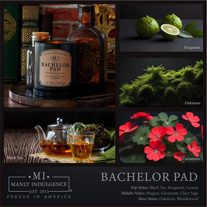 Manly Indulgence Bachelor Pad Scented Candles for Men, 16.5 oz Single Wick, Premium Soy Blend Wax, 60H Burn, Candles for Home Scented – Made in The USA - Bloomnest