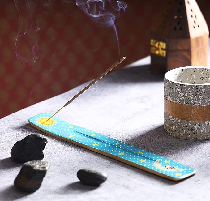 Bless-International Traditional-Handmade-Burner Wooden-Incense-Stick-Holder Ash-Catcher-Stand for-Aromatherapy-Meditation-Yoga (Moon & Stars) 10 Inches, Pack of 2 - Bloomnest