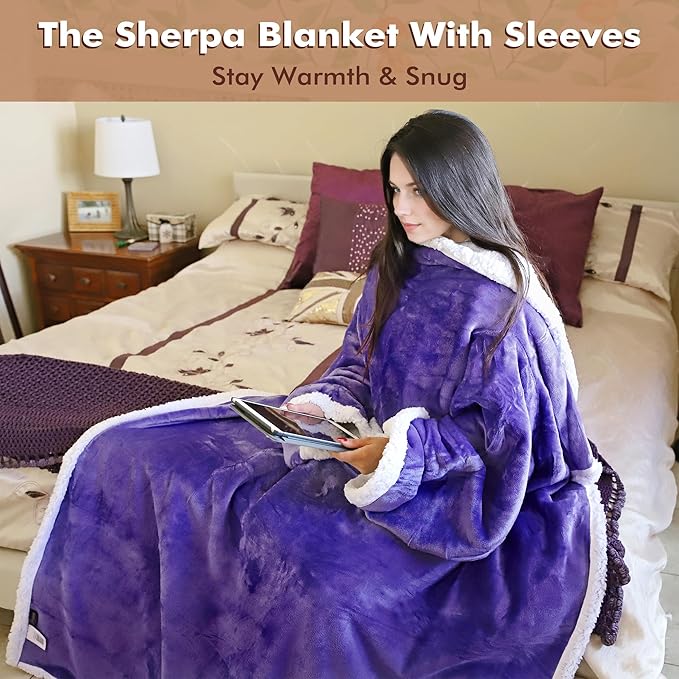 Tirrinia Sherpa Wearable Blanket With Sleeves, Full Body Throw Reading Wrap TV Blankets - Bloomnest
